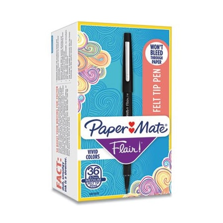 Sanford Paper Mate, POINT GUARD FLAIR STICK POROUS POINT PEN, BOLD 1.4MM, BLACK INK/BARREL, 36PK 1921070